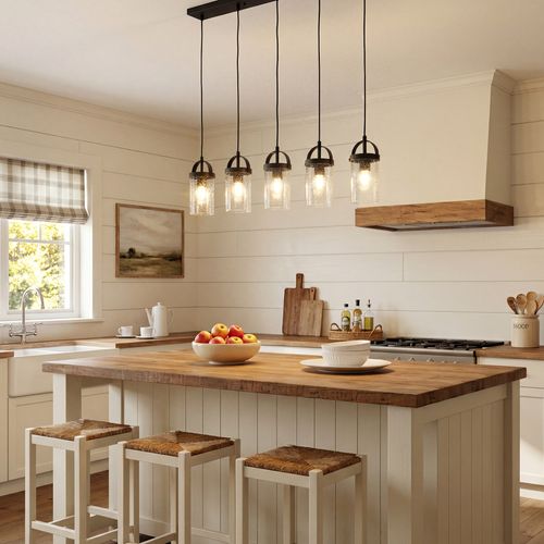Lustre Linéaire Noir à 5 Lumières, Hauteur Réglable (culot E27, Ampoules Non Fournies)