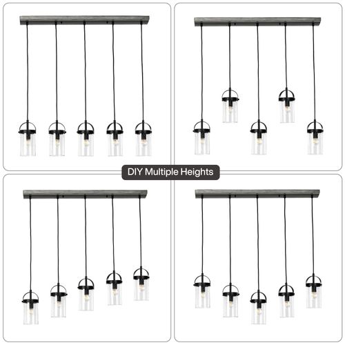 Lustre Linéaire Noir à 5 Lumières, Hauteur Réglable (culot E27, Ampoules Non Fournies)