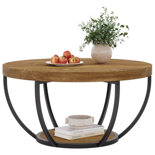 Table Basse Ronde, Table Basse Ronde Industrielle à 2 Niveaux Avec Étagères De Rangement