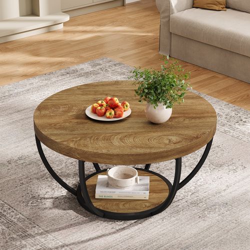 Table Basse Ronde, Table Basse Ronde Industrielle à 2 Niveaux Avec Étagères De Rangement