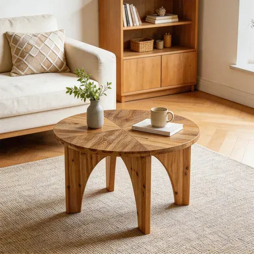 Table Basse Ronde En Bois Massif De 80 Cm, Table Centrale De Style Campagnard Avec Pieds Incurvés