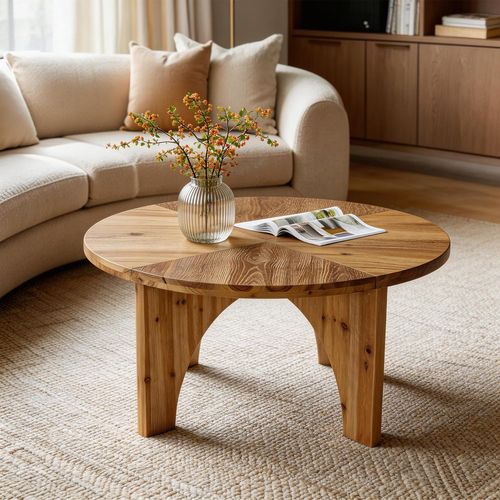 Table Basse Ronde En Bois Massif De 80 Cm, Table Centrale De Style Campagnard Avec Pieds Incurvés