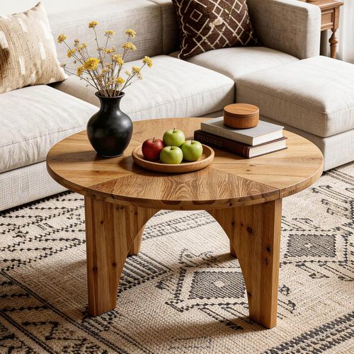 Table Basse Ronde En Bois Massif De 80 Cm, Table Centrale De Style Campagnard Avec Pieds Incurvés