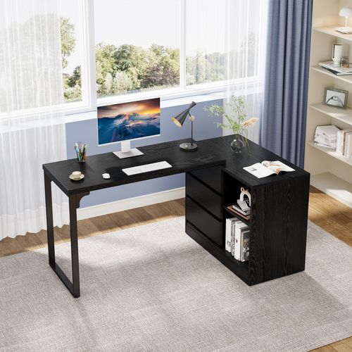 Bureau D'ordinateur En Forme De L Avec Tiroirs Et Étagères, Bureau D'angle Réversible