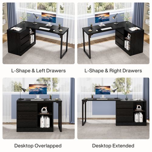 Bureau D'ordinateur En Forme De L Avec Tiroirs Et Étagères, Bureau D'angle Réversible