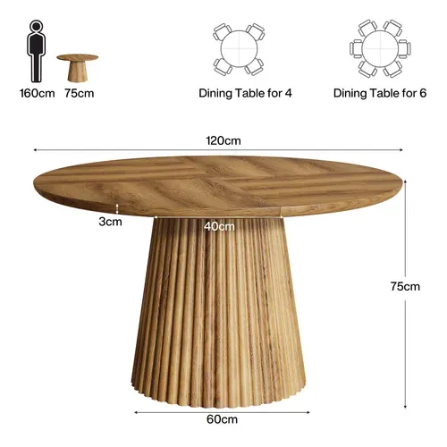 Table De Salle à Manger Ronde Pour 4 à 6 Personnes, Table De Cuisine De Style Campagnard De 120 Cm