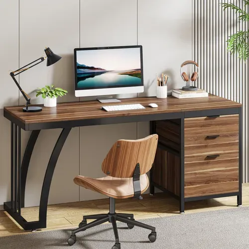 Bureau D'ordinateur à 3 Tiroirs, Bureau Industriel Pour PC, Table De Travail Avec Rangement