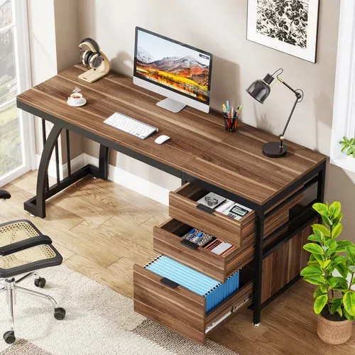 Bureau D'ordinateur à 3 Tiroirs, Bureau Industriel Pour PC, Table De Travail Avec Rangement
