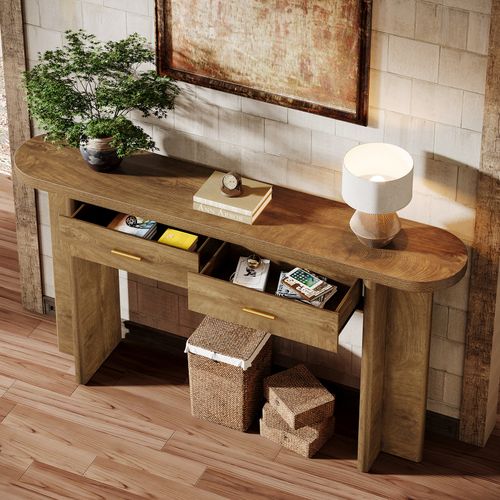 Console Ovale Incurvée De Style Campagnard Avec 2 Tiroirs, 160 Cm, Avec Rangement
