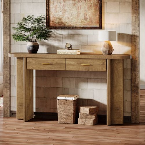 Console Ovale Incurvée De Style Campagnard Avec 2 Tiroirs, 160 Cm, Avec Rangement