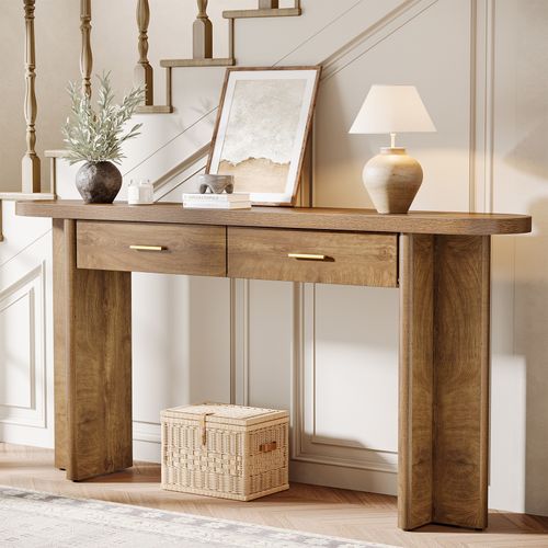 Console Ovale Incurvée De Style Campagnard Avec 2 Tiroirs, 160 Cm, Avec Rangement
