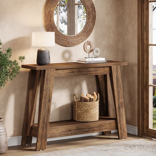 Console De Style Campagnard De 105 Cm, Table D'entrée à 2 Niveaux Avec Rangement
