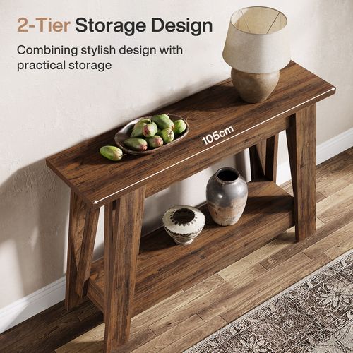 Console De Style Campagnard De 105 Cm, Table D'entrée à 2 Niveaux Avec Rangement
