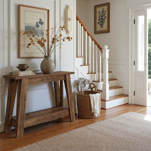 Console De Style Campagnard De 105 Cm, Table D'entrée à 2 Niveaux Avec Rangement