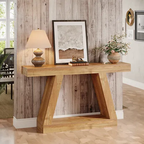 Console De Style Campagnard, Table Basse Rustique De 140 Cm Avec Rangement, Marron Naturel