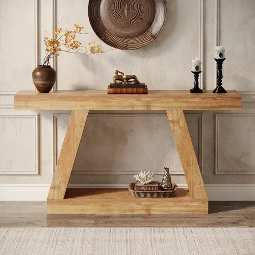 Console De Style Campagnard, Table Basse Rustique De 140 Cm Avec Rangement, Marron Naturel