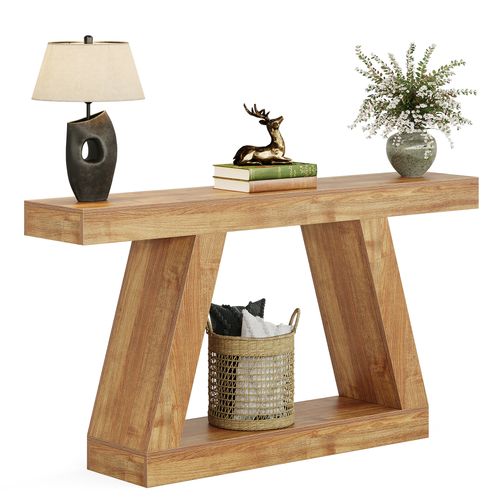 Console De Style Campagnard, Table Basse Rustique De 140 Cm Avec Rangement, Marron Naturel