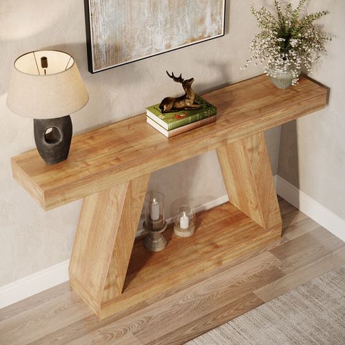 Console De Style Campagnard, Table Basse Rustique De 140 Cm Avec Rangement, Marron Naturel