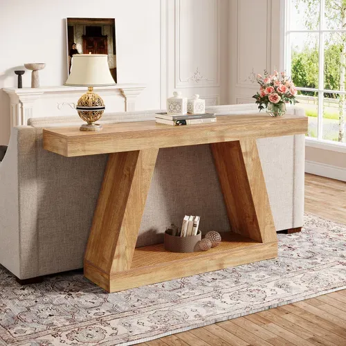 Console De Style Campagnard, Table Basse Rustique De 140 Cm Avec Rangement, Marron Naturel