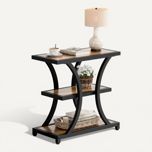 Table D'appoint Avec Rangement, Table Basse à 3 Niveaux Avec Design Géométrique En Métal
