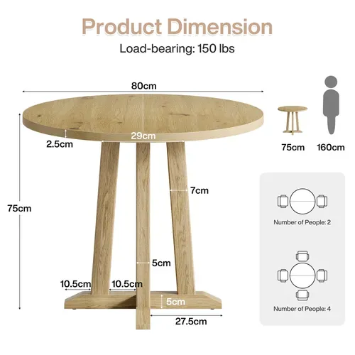 Table à Manger Ronde Pour 2 à 4 Personnes, Table De Cuisine Ronde, 80 Cm, Marron Rustique