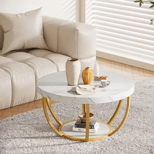 Table Basse Ronde Moderne à Deux Niveaux Avec Finition En Faux Marbre Blanc Et Pieds En Métal Doré
