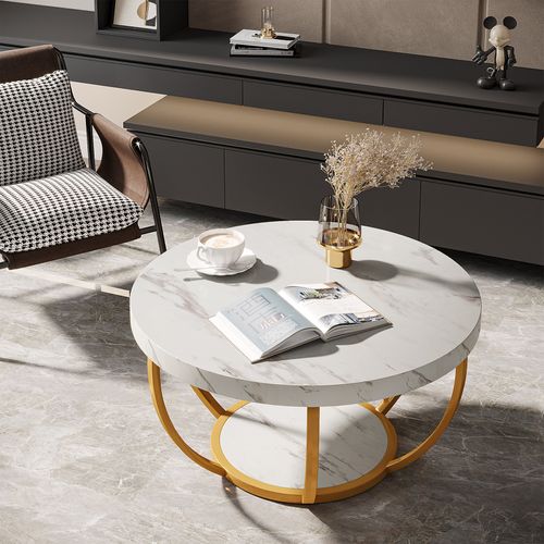 Table Basse Ronde Moderne à Deux Niveaux Avec Finition En Faux Marbre Blanc Et Pieds En Métal Doré