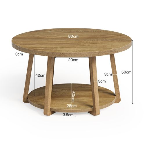 Table Basse Ronde à Deux Niveaux Avec Rangement, Pieds En Bois, 80 Cm X 50 Cm, Montage Facile