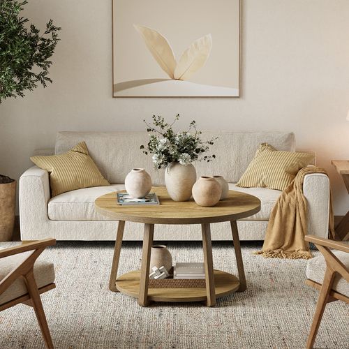 Table Basse Ronde à Deux Niveaux Avec Rangement, Pieds En Bois, 80 Cm X 50 Cm, Montage Facile