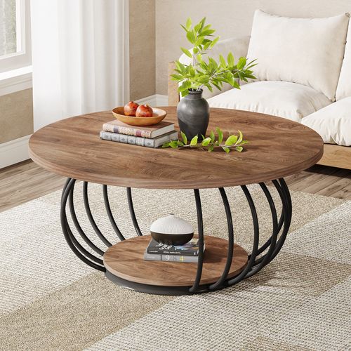 Table Basse Ronde 80 X 45cm à 2 Niveaux, Table De Cocktail Avec Cadre En Metal Table Appoint Avec Plateau En Faux Bois Charge 90kg Cafe 96327297