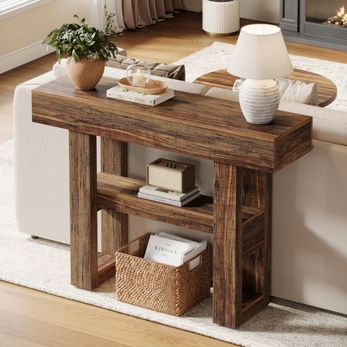 Console De Style Campagnard De 105 Cm, Table De Canapé Étroite à 2 Niveaux Derrière Le Canapé