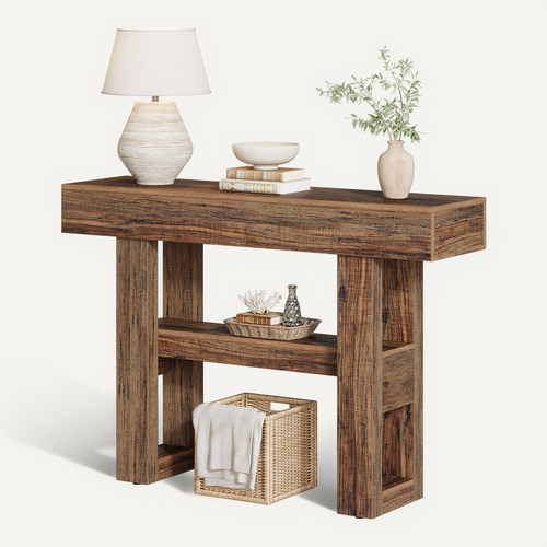 Console De Style Campagnard De 105 Cm, Table De Canapé Étroite à 2 Niveaux Derrière Le Canapé