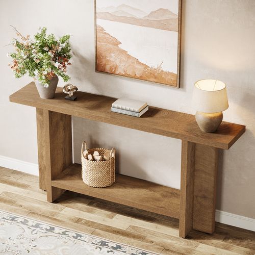 Console D'entrée De 150 Cm, Table De Canapé Longue Et Étroite à 2 Niveaux Derrière Le Canapé