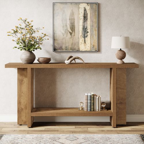 Console D'entrée De 150 Cm, Table De Canapé Longue Et Étroite à 2 Niveaux Derrière Le Canapé