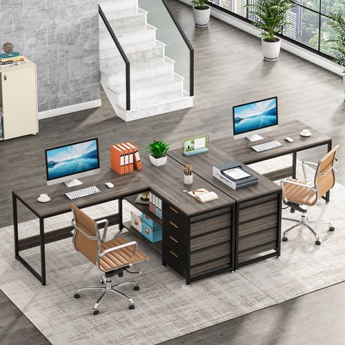 Bureau D'ordinateur En L Avec Tiroirs De Rangement, Bureau Réversible En L Avec Étagères