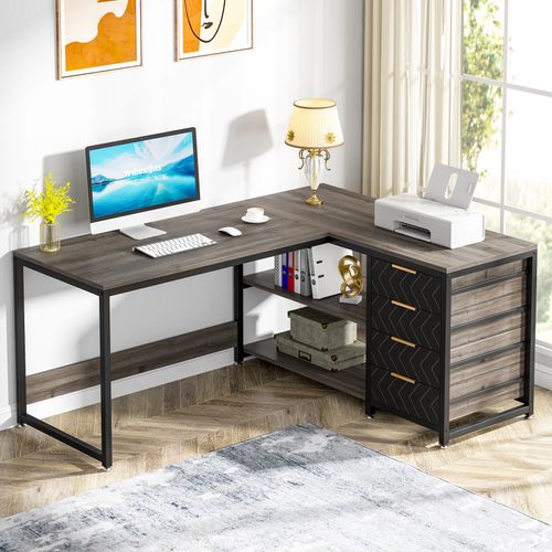 Bureau D'ordinateur En L Avec Tiroirs De Rangement, Bureau Réversible En L Avec Étagères
