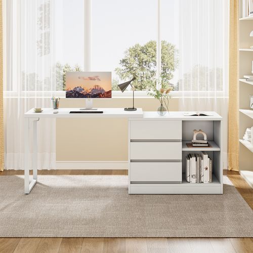 Bureau D'ordinateur En L Avec Tiroirs Et Étagères, Bureau D'angle Blanc Réversible