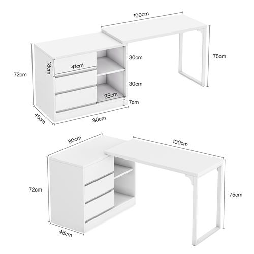 Bureau D'ordinateur En L Avec Tiroirs Et Étagères, Bureau D'angle Blanc Réversible
