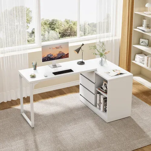 Bureau D'ordinateur En L Avec Tiroirs Et Étagères, Bureau D'angle Blanc Réversible