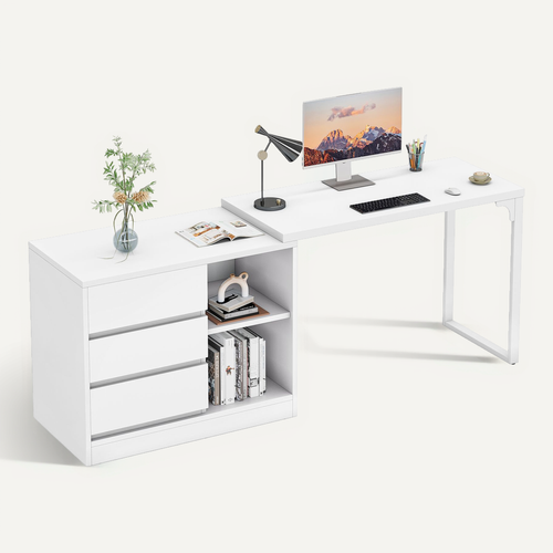 Bureau D'ordinateur En L Avec Tiroirs Et Étagères, Bureau D'angle Blanc Réversible