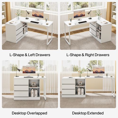 Bureau D'ordinateur En L Avec Tiroirs Et Étagères, Bureau D'angle Blanc Réversible