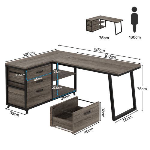 Bureau D'angle Réversible En L Avec 3 Tiroirs Classeurs