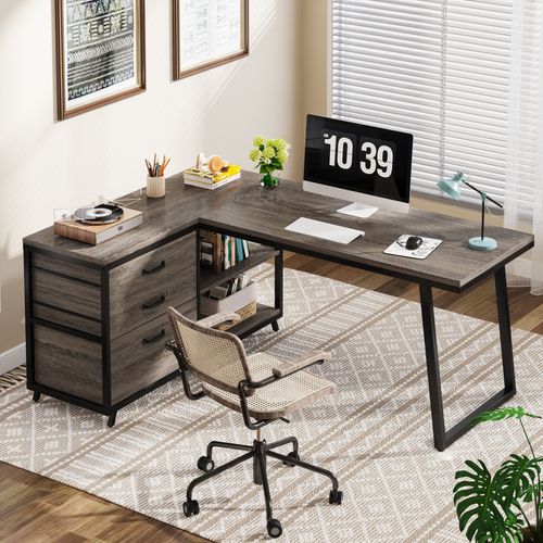 Bureau D'angle Réversible En L Avec 3 Tiroirs Classeurs