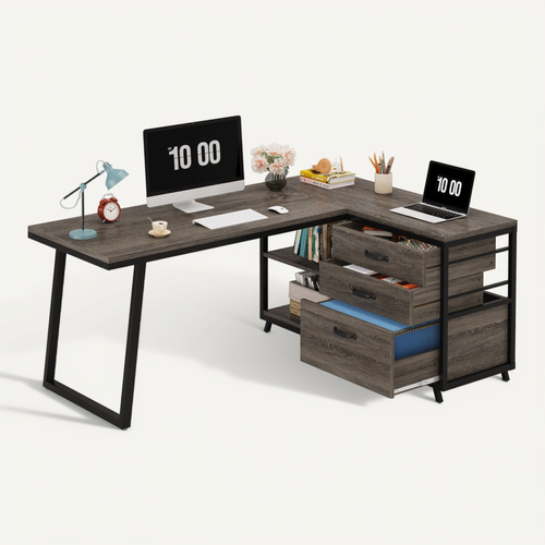 Bureau D'angle Réversible En L Avec 3 Tiroirs Classeurs