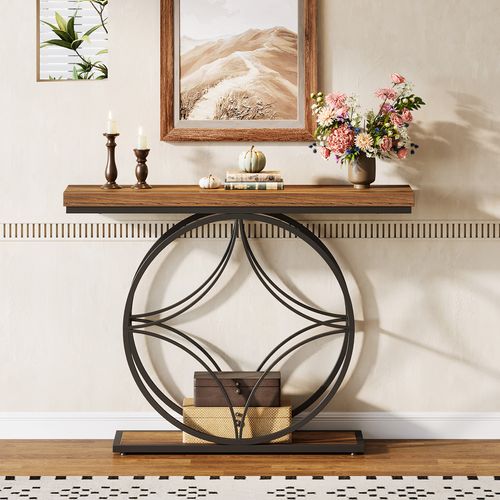 Console De 120 Cm, Table De Canapé Industrielle à Deux Niveaux Avec Cadre Géométrique En Métal