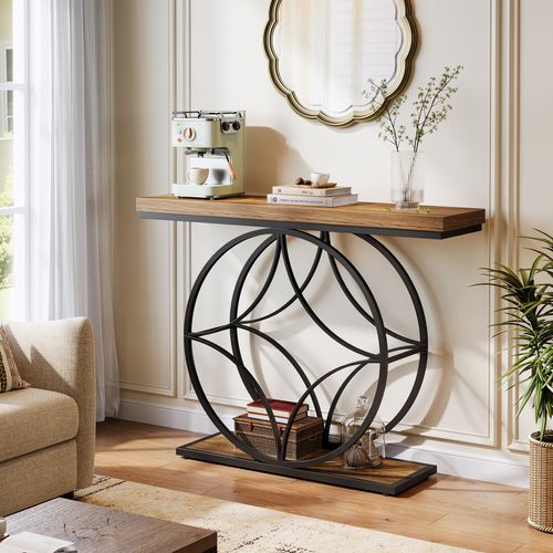 Console De 120 Cm, Table De Canapé Industrielle à Deux Niveaux Avec Cadre Géométrique En Métal
