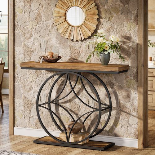 Console De 120 Cm, Table De Canapé Industrielle à Deux Niveaux Avec Cadre Géométrique En Métal