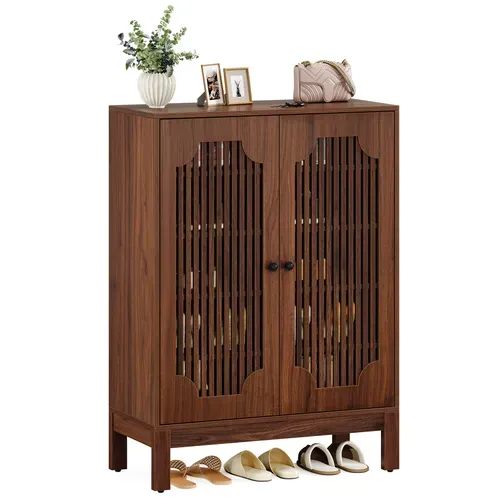 Meuble à Chaussures Avec Portes à Lattes, Meuble à Chaussures à 5 Niveaux Avec Étagères Réglables