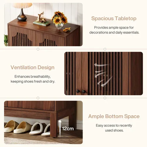 Meuble à Chaussures Avec Portes à Lattes, Meuble à Chaussures à 5 Niveaux Avec Étagères Réglables