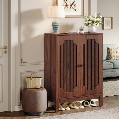 Meuble à Chaussures Avec Portes à Lattes, Meuble à Chaussures à 5 Niveaux Avec Étagères Réglables